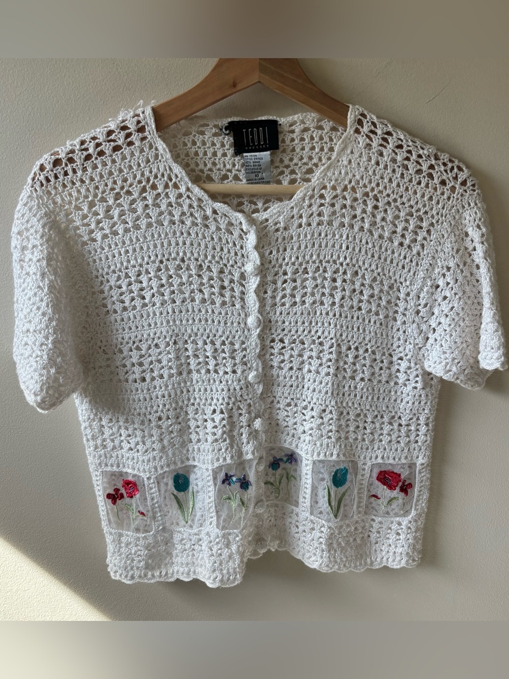 Teddi White Crocheted Short-Sleeve Cardigan with Floral Embroidered Panels
